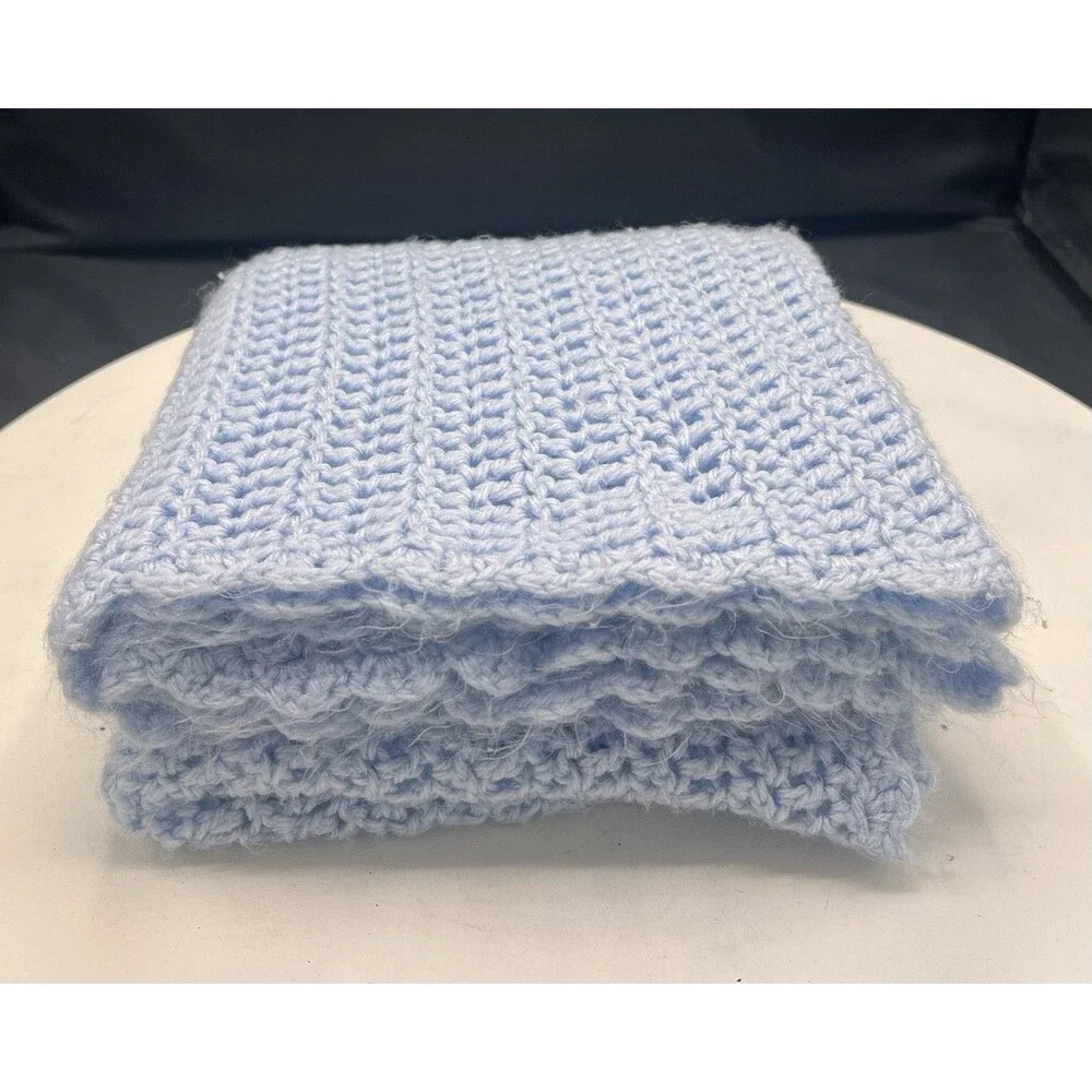 Hand Crocheted Baby Blanket Light Blue Afghan Throw Handmade 35-37”